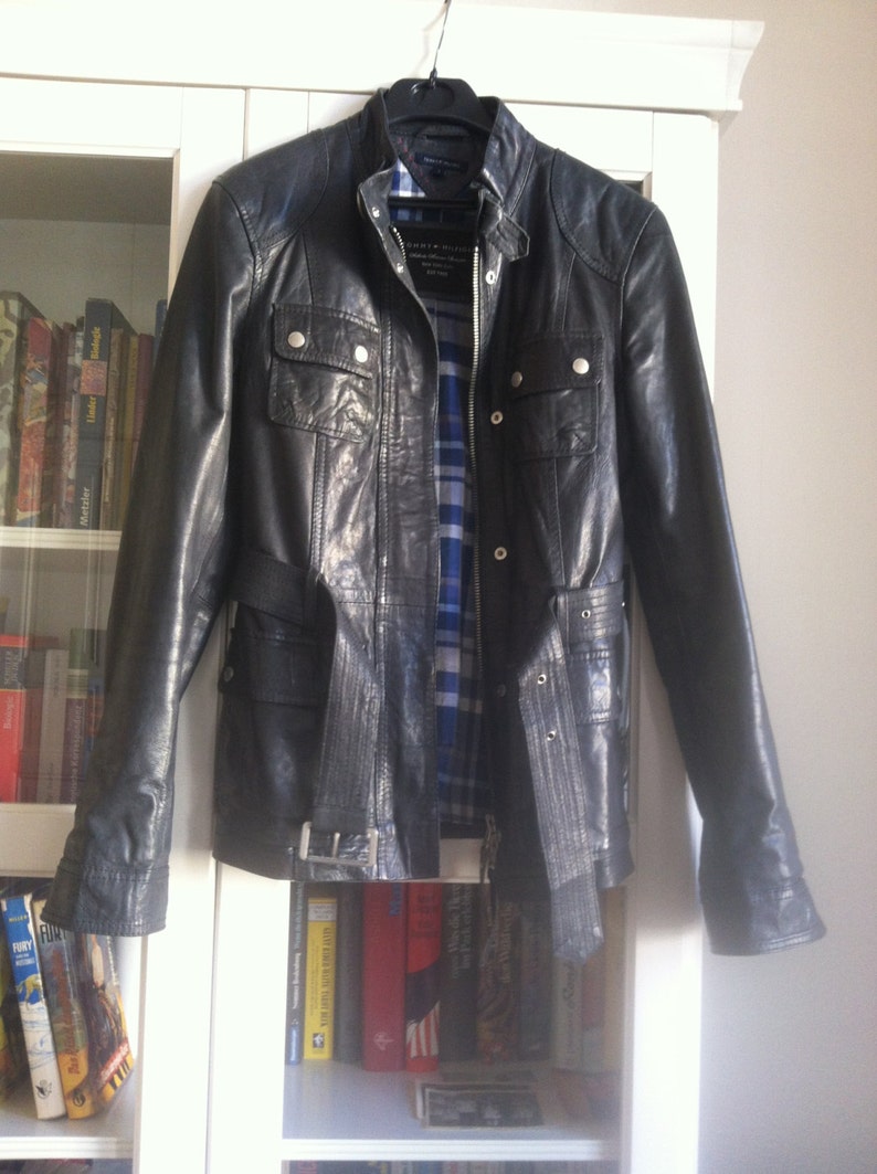 Gorgeous Tommy Hilfiger leather jacket, biker-style, size S fits M, anthracite, as good as new image 1