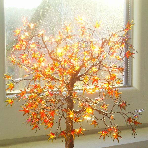 Art Tree "Gold Autumn" Wire Sculpture Stained-glass paints Handmade