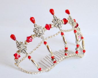 Red silver rhinestone handmade crystal tiara, bridal tiara, dancer tiara, silver tiara, red tiara, wedding tiara, hens tiara