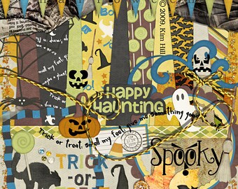 Halloween Digital Scrapbook Kit - "Happy Haunting" digital papers and elements with ghost, pumpkin, bat, witch for spooky scrapbook layouts
