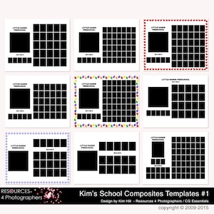 May include: A set of nine printable school photo composite templates with different border designs. Each template features a large space for a class photo and smaller spaces for individual student photos. The templates are labeled "Little Hands Preschool" and include the years 2011-2012, 2013-2014, and 2015-2016.