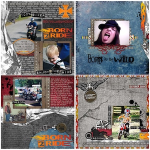 May include: A scrapbook collage with a motorcycle theme. The pages feature photos of people riding motorcycles, a child on a dirt bike, and a baby. The pages are decorated with various embellishments, including paper, stickers, and ribbons. The text on the pages includes the words "Born to Ride", "Freedom", "Enjoy the Ride", and "100% Biker".