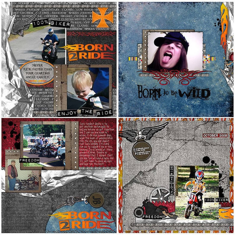 May include: A scrapbook collage with a motorcycle theme. The pages feature photos of people riding motorcycles, a child on a dirt bike, and a baby. The pages are decorated with various embellishments, including paper, stickers, and ribbons. The text on the pages includes the words "Born to Ride", "Freedom", "Enjoy the Ride", and "100% Biker".