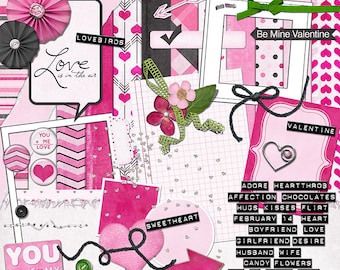 Valentine digital scrapbook kit with hearts, rosettes, flowers, yarn, felt and beads in pinks, white, black and green - You Have My Heart