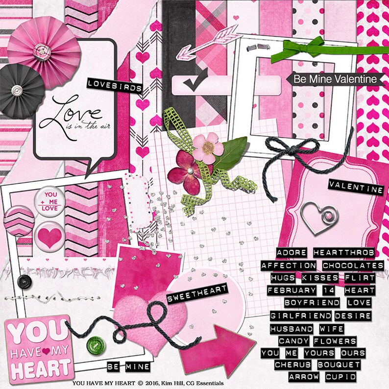 Download Valentine digital scrapbook kit with hearts rosettes | Etsy