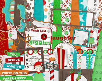 Christmas Digital Scrapbook Kit - "Holiday Giggles" digital papers and elements with elf, stockings and christmas tree for scrapbook layouts