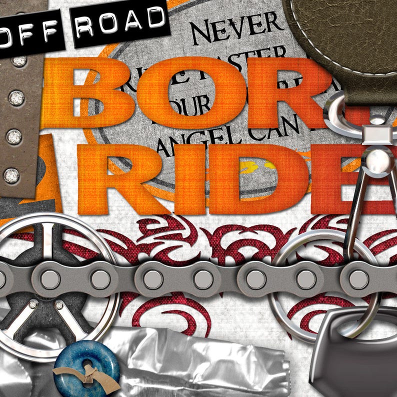 May include: Orange and black graphic with the words "Off Road" and "Never Let Your Angel Can Ride" with a chain and a metal ring.
