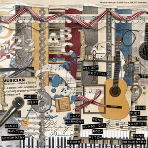 Kit de Scrapbook Digital de Música - Papeles y elementos digitales "Musical Interlude" con teclado, guitarra y micrófono para diseños de álbumes de recortes