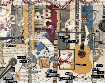 Music Digital Scrapbook Kit - "Musical Interlude" digital papers and elements with keyboard, guitar and microphone for scrapbook layouts