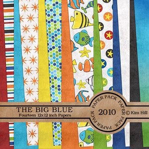 May include: A digital paper pack with 14 different designs featuring a blue, green, and orange color scheme. The designs include stripes, stars, fish, and honeycomb patterns. The text "THE BIG BLUE" and "Fourteen 12x12 inch Papers" is displayed on the pack. The text "PAPER PACK 2010 PAPER PACK" is displayed on a brown circle.