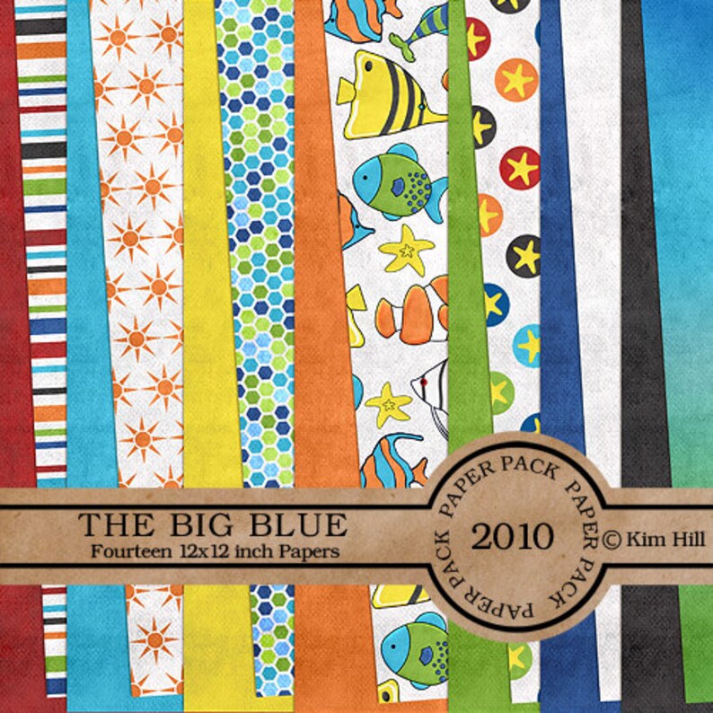 May include: A digital paper pack with 14 different designs featuring a blue, green, and orange color scheme. The designs include stripes, stars, fish, and honeycomb patterns. The text "THE BIG BLUE" and "Fourteen 12x12 inch Papers" is displayed on the pack. The text "PAPER PACK 2010 PAPER PACK" is displayed on a brown circle.