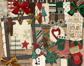 Christmas Digital Scrapbook Kit - "Primitive Christmas" digital papers and elements with snowman, mitten and train for scrapbook layouts