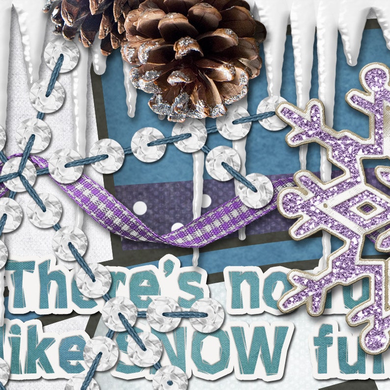 Winter Digital Scrapbook Kit Winter Wonders digiscrap kit with icicles, pine cones, snowman and sled in purple, blue, teal and white image 5