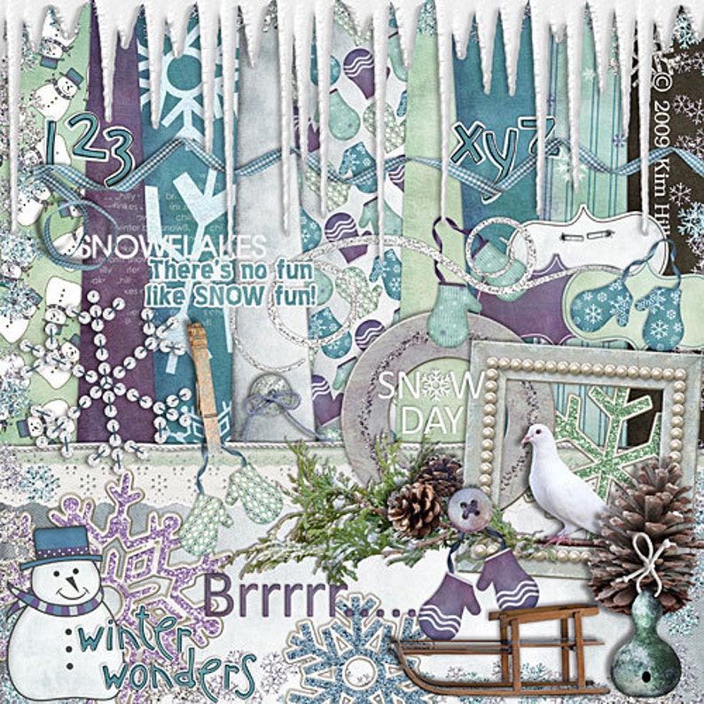 Winter Digital Scrapbook Kit Winter Wonders digiscrap kit with icicles, pine cones, snowman and sled in purple, blue, teal and white image 1