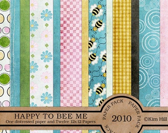 Digital Scrapbook Papers - "Happy to Bee Me" with bumble bees and flowers to create digital scrapbook layouts in blue, pink, gold and green