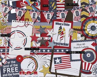 Patriotic digital scrapbook kit with flag, uncle sam hat, fireworks, paper flowers, frames,digital paper, clipart  in red, white and blue