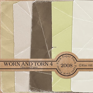 May include: A set of four distressed paper textures in beige, brown, and green. The papers are torn and have a worn look. The papers are labelled "Worn and Torn 4 Distressed Papers" and "Paper Pack 2008 Paper Pack ©Kim Hill".
