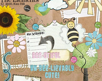 Digital Scrapbook Elements - "Happy to Bee Me" digital scrapbook elements for scrapbook layouts with bees and flowers in pink, blue and gold