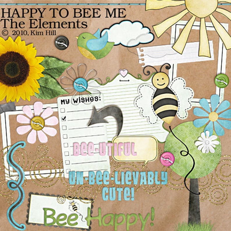 Digital Scrapbook Elements Happy to Bee Me digital scrapbook elements for scrapbook layouts with bees and flowers in pink, blue and gold image 1