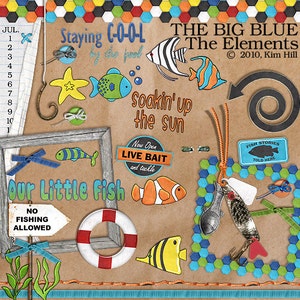 May include: A digital scrapbook paper design with a summer theme. The paper features a blue, green, and orange color scheme with images of fish, a life preserver, a fishing hook, and a sign that says "Our Little Fish". The paper also includes the text "Staying Cool by the pool" and "Soakin' up the sun".