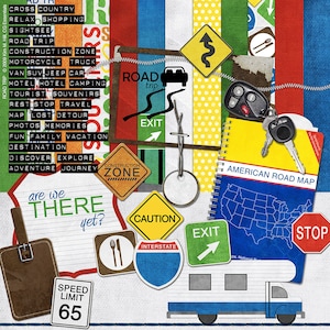 Road Trip Digital Scrapbook Kit with camper, road signs, map, luggage tag, keys, punch labels and travel clipart in red, blue, yellow, green image 1