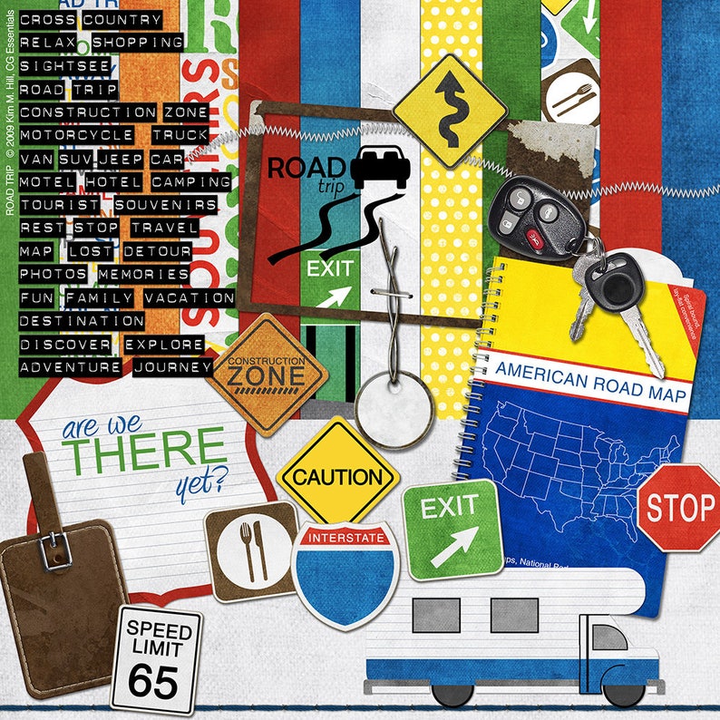 Road Trip Digital Scrapbook Kit with camper, road signs, map, luggage tag, keys, punch labels and travel clipart in red, blue, yellow, green image 1