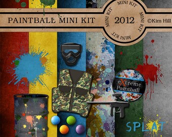 Digital Scrapbook MINI Kit - "Paintball" digiscrap kit with paint gun, paint ball, mask and barrel in primary colors for scrapbook layouts