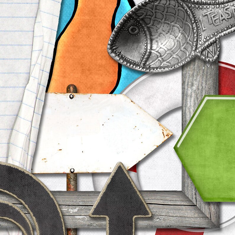 May include: A white arrow sign with a rusty metal post, a black arrow pointing up, a green hexagon sign, a silver fish-shaped ornament, and a piece of white and blue patterned fabric.