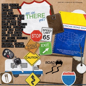 Road Trip Digital Scrapbook Kit with camper, road signs, map, luggage tag, keys, punch labels and travel clipart in red, blue, yellow, green image 3