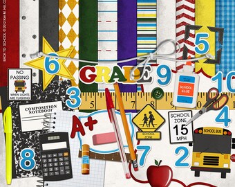 School Digital Scrapbook Kit - "Back To School" digital scrapbook papers and elements in primary colors with school bus, pencil and scissors