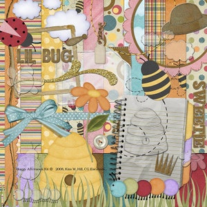 May include: A digital scrapbook kit featuring a beehive, a bee, a ladybug, a flower, a bow, and a notepad with the text "Sweet as" and "Lil Bug".