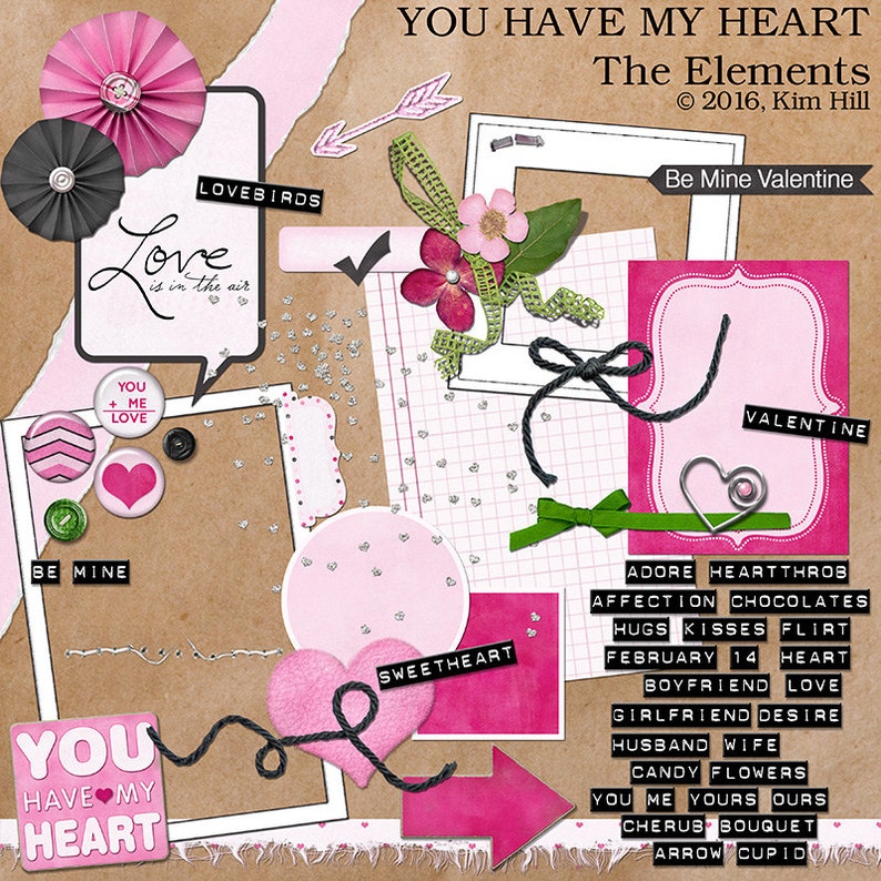 Download Valentine digital scrapbook kit with hearts rosettes | Etsy