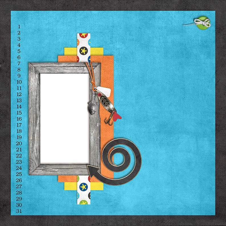 May include: A blue background with a wooden frame, a colorful fishing lure, and a spiral design. The numbers 1 through 31 are listed on the left side of the image.