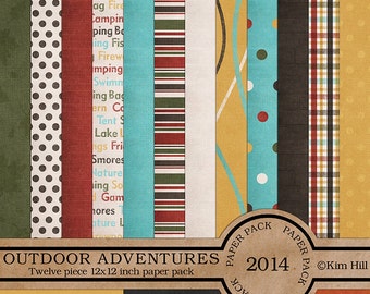 Digital Scrapbook Papers - "Outdoor Adventures" digital paper pack for campers, hikers and scouts in earthy colors for scrapbook layouts