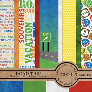 Road Trip Digital Scrapbook Kit with camper, road signs, map, luggage tag, keys, punch labels and travel clipart in red, blue, yellow, green image 2