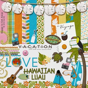 Tropical Digital Scrapbook Kit - &quot;Happy to Get Away&quot; digital papers and elements with toucan, palm tree, surf board and hawaiian scrapbooks