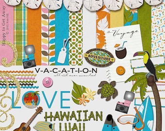 Tropical Digital Scrapbook Kit - "Happy to Get Away" digital papers and elements with toucan, palm tree, surf board and hawaiian scrapbooks