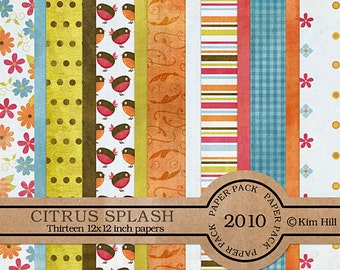 Digital Scrapbook Papers - "Citrus Splash" summer digiscrap kit with bright colors, birds, flowers and flourishes for scrapbook layouts