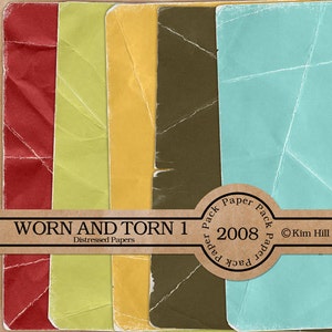 Digital Scrapbook Paper - Worn & Torn Paper Pack 1 - distressed blue paper, red paper, brown paper for digital scrapbook layouts