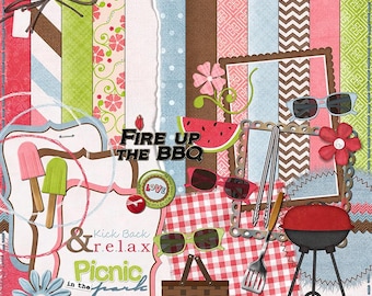 Picnic Digital Scrapbook Kit - "Summer Lovin" digital scrapbook kit with BBQ, picnic basket, freeze pops for making summer scrapbook layouts