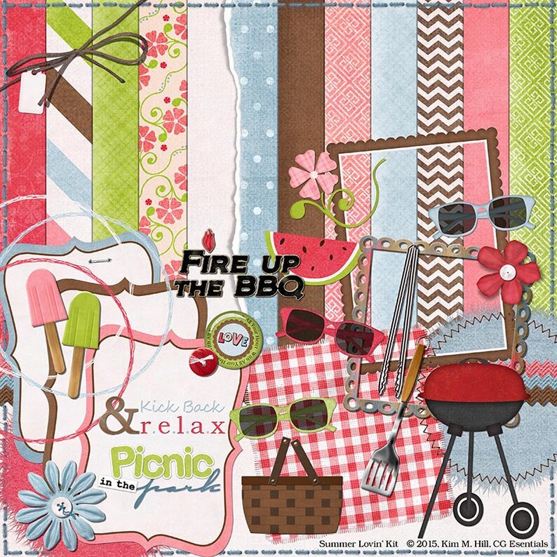 Picnic Digital Scrapbook Kit Summer Lovin digital scrapbook kit with BBQ, picnic basket, freeze pops for making summer scrapbook layouts image 1