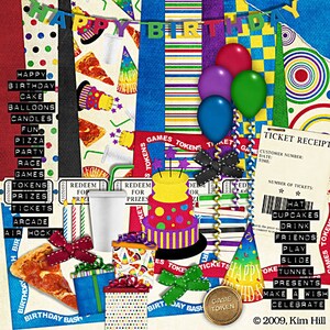 May include: A colourful digital paper pack with a birthday theme. The pack includes images of pizza, cupcakes, balloons, candles, games, tokens, tickets, and a birthday cake. The text "Happy Birthday" is featured in the design.