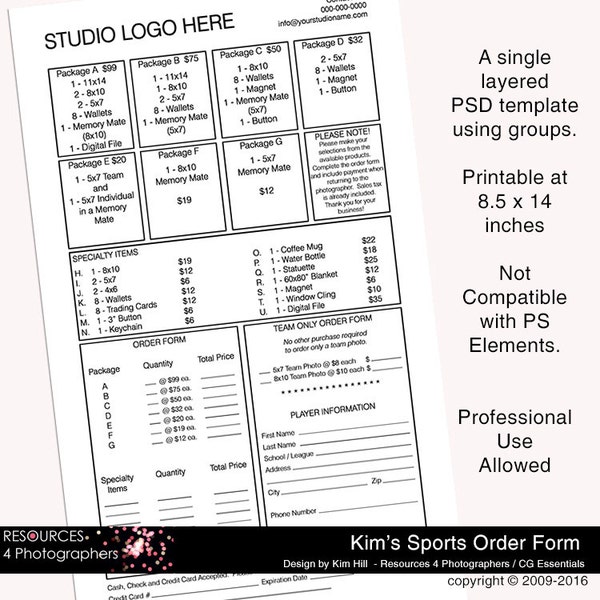 Sports Photo Order Form - Sports Photographer form for team photo, specialty photo products and individual images