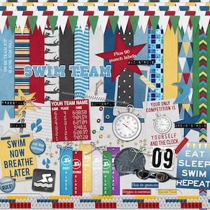 May include: A colorful digital scrapbook kit with the words "Swim Team" in large blue letters. The kit includes various images, patterns, and text elements related to swimming, such as a stopwatch, swim caps, and ribbons. The kit also includes a table for recording swim times and a motivational quote: "Swim Now Breathe Later".