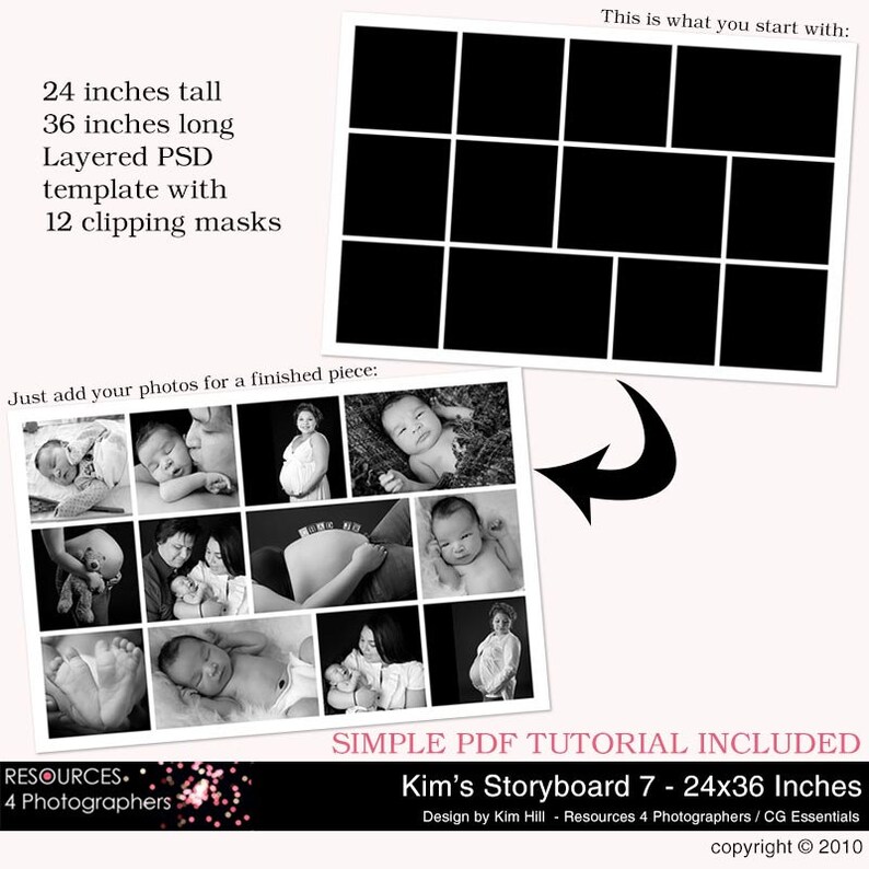 Storyboard Template 7 24x36 Inches, layered photoshop template for professional photographers, digital instant download, PSD file image 1