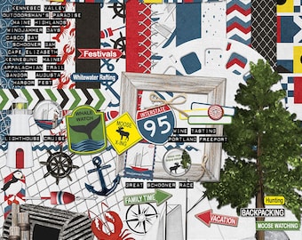 State of Maine digital scrapbook kit for vacations, tourists, boating, yachting, hiking, fishing and outdoor activities in red white blue