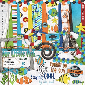 May include: A colorful digital scrapbook paper pack with a summer fishing theme. The papers feature various designs including fish, stars, stripes, and polka dots. The pack also includes a sign that says "Our Little Fish" and a sign that says "No Fishing Allowed".