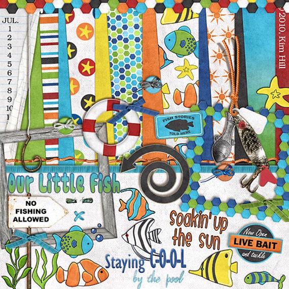 Beach Digital Scrapbook Kit - "The Big Blue" digiscrap kit with fish for summer scrapbook layouts in primary colors red, blue, yellow, green