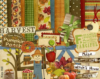 Autumn Digital Scrapbook Kit - "Fabulous Fall" with scarecrow, owl and pumpkins for digital scrapbook layouts in orange, brown, red, green