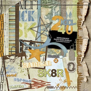 May include: A digital collage with a grunge aesthetic featuring a variety of graphics, including stars, chains, a skull and crossbones, and the words "totally radical" and "SK8R". The collage is in shades of brown, blue, green, and yellow.